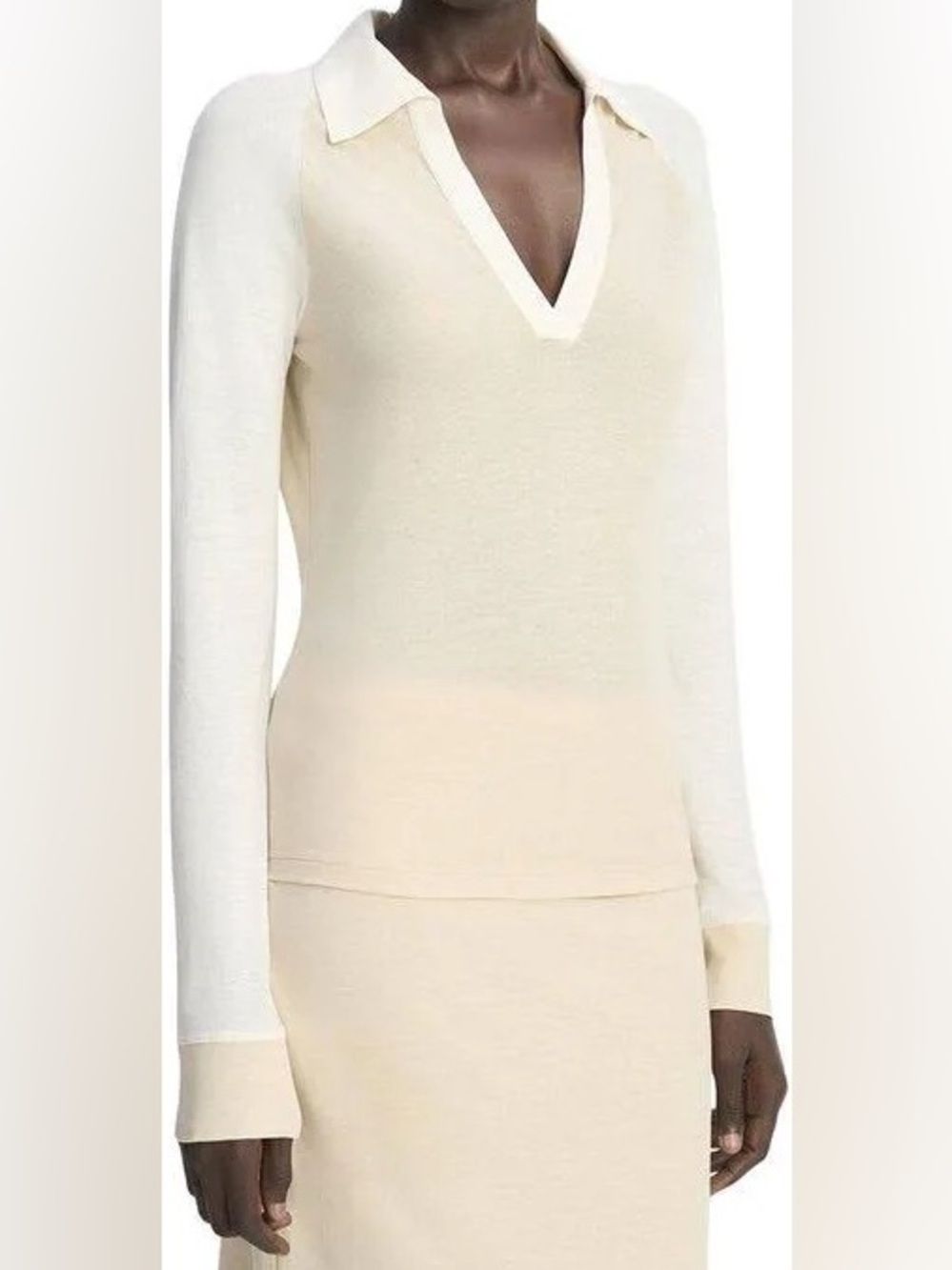 Vince Colorblock Two-Tone Long-Sleeve Polo Shirt in Cream and Beige